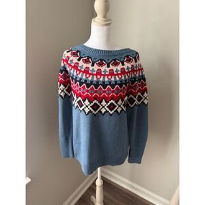 Chaps Womens Blue Fair Isle Cotton Blend Knit Long Sleeve Sweater Small